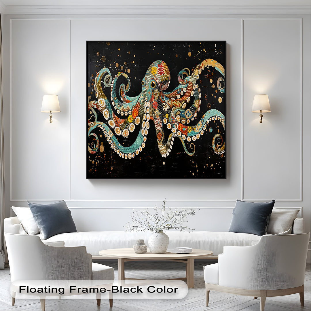 The vibrant transition between turquoise, gold, and red mosaic patterns on this best canvas prints octopus wall art creates a stunning visual.