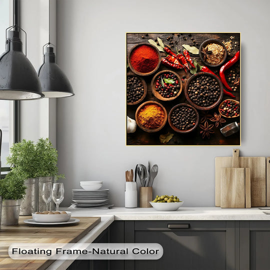 Emphasizing depth and layers, the premium canvas decor displays a spice harmony print with rustic spice bowls in a rich, multi-layered arrangement.