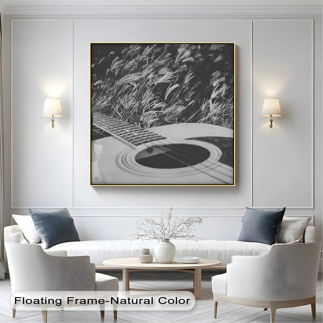 Acoustic Guitar in Field – Black and White Nature Music Canvas Prints - MyPhotoStation