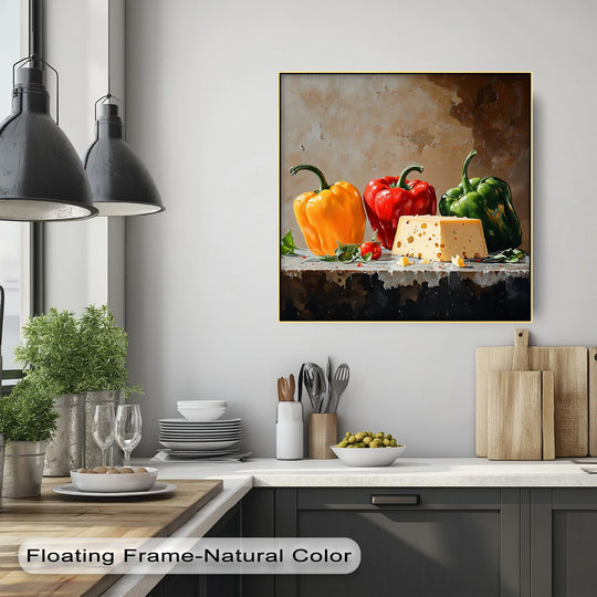 Highlighting the abstract quality, the colorful bell peppers and cheese in this rustic kitchen canvas print transform into vibrant shapes through big canvas prints, creating a visually intriguing piece.