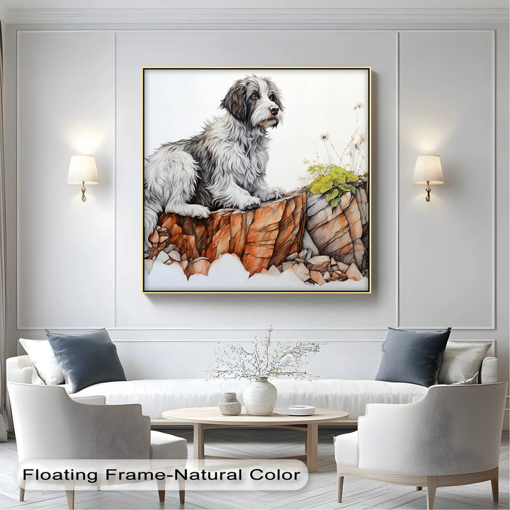 Cliffside Watch – Shaggy Dog on Rocky Ledge Pencil Art Canvas Print - MyPhotoStation