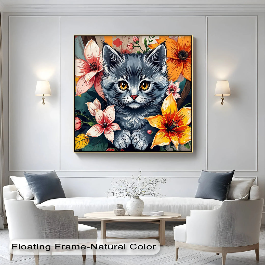 Bloom Burst – Gray Kitten with Vibrant Florals Cat Canvas Print - MyPhotoStation