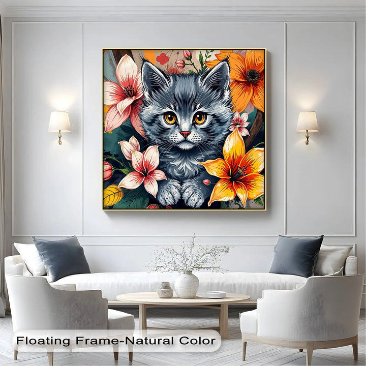 Bloom Burst – Gray Kitten with Vibrant Florals Cat Canvas Print - MyPhotoStation