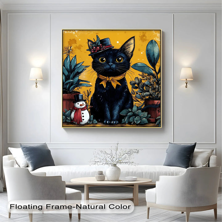 Black Cat with Holiday Hat and Yellow Ribbon - Cat Canvas Print - MyPhotoStation