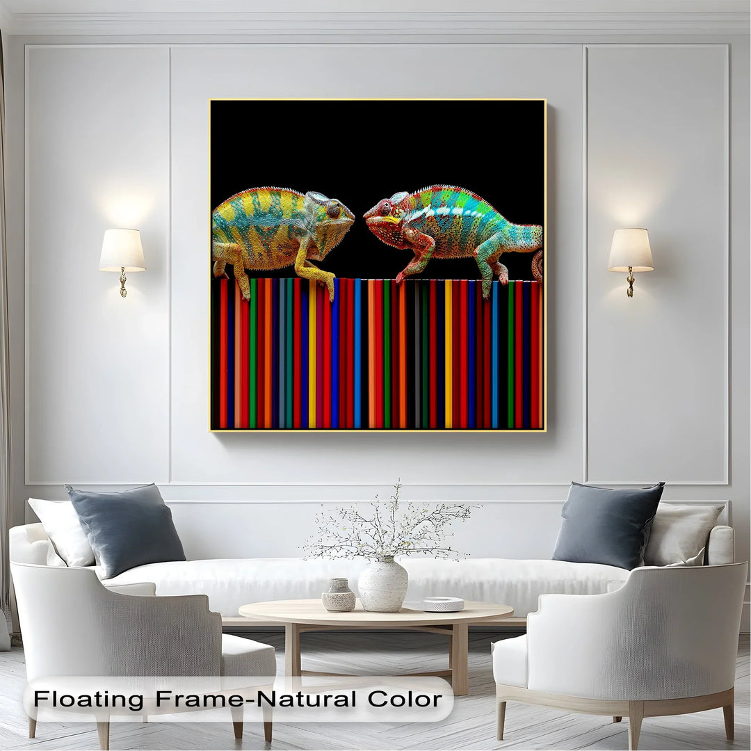 Color Clash – Vibrant Chameleon Duo on Pencils Canvas Print - MyPhotoStation