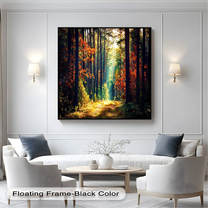 A vibrant sunlit path cutting through a majestic autumn forest, featuring fiery orange leaves on a hanging canvas.