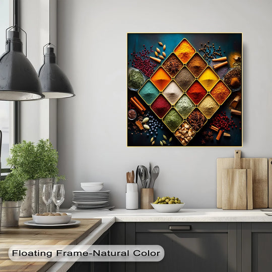 Golden edges frame the colorful spice grid, a framed canvas kitchen print that enhances the room's culinary decor.