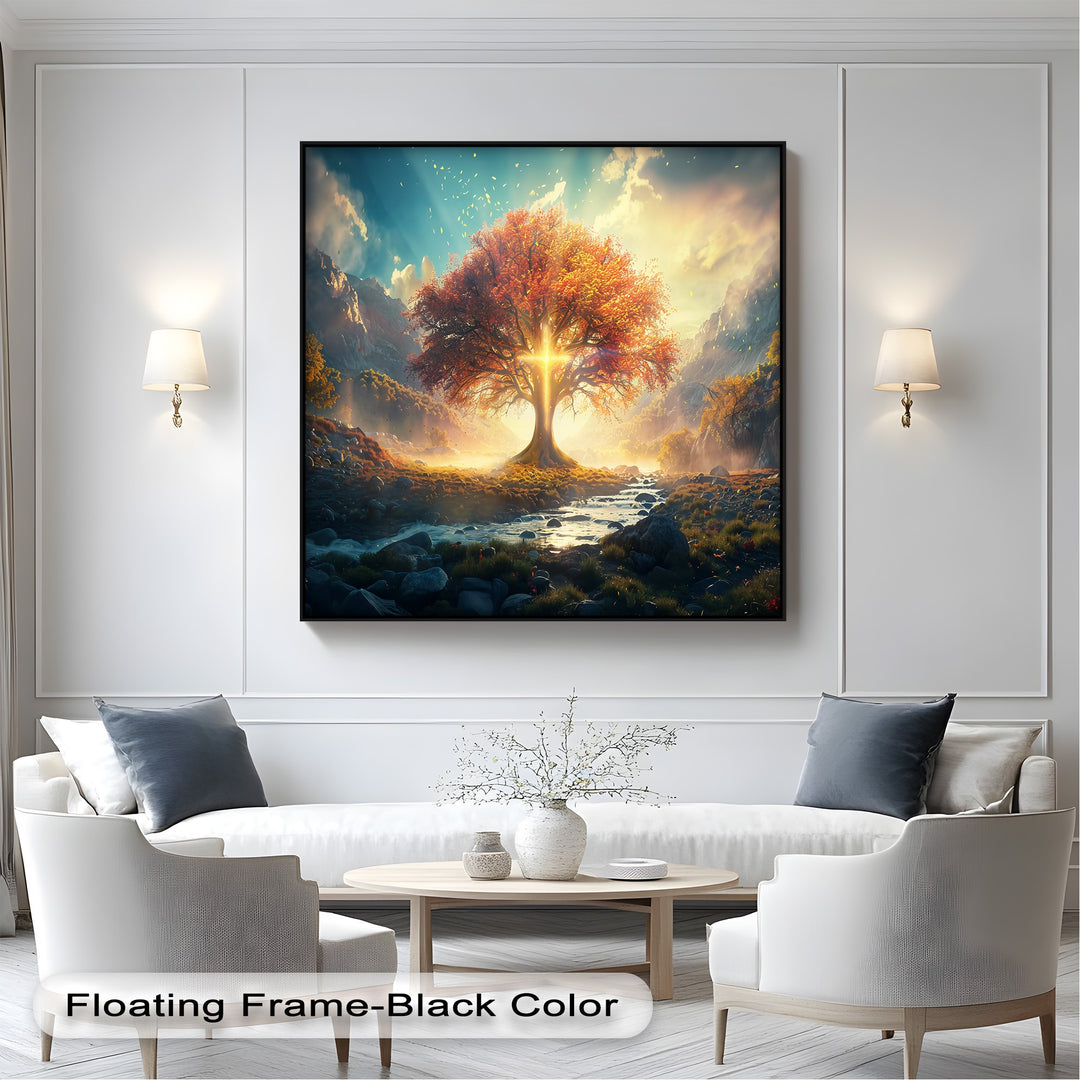 Dramatic light and shadow highlight a radiant autumn tree canvas pictures artwork, with a glowing core amidst a golden sunlit fantasy mountain landscape.