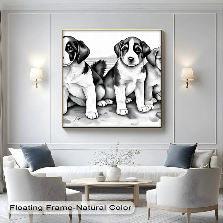 Seaside Trio – Monochrome Puppy Portrait at the Shore Canvas Print - MyPhotoStation