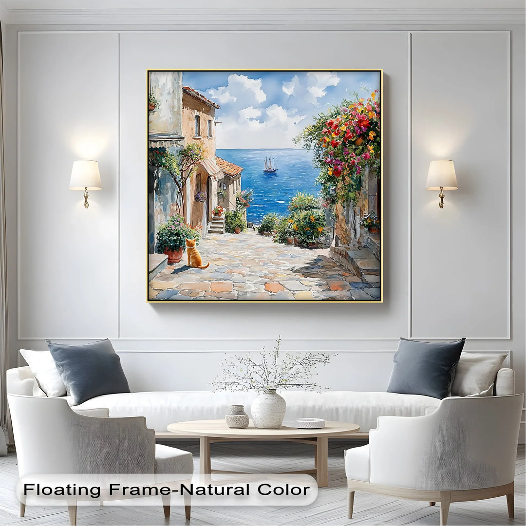 Mediterranean Daydream – Seaside Street with Cat Canvas Print - MyPhotoStation