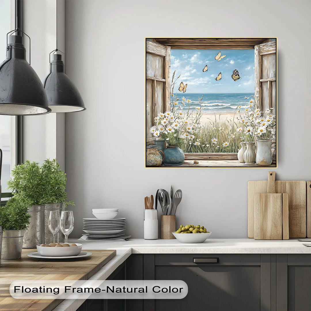 Butterflies by the Shore – Vintage Window View Kitchen Canvas Print - MyPhotoStation