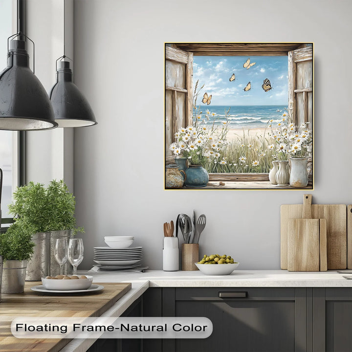 Butterflies by the Shore – Vintage Window View Kitchen Canvas Print - MyPhotoStation