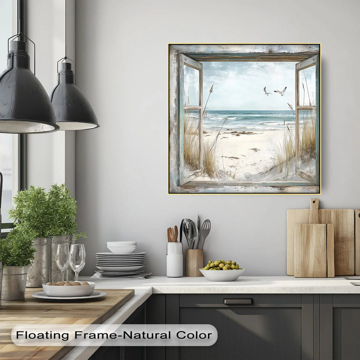 Seaside Escape Through Rustic Window – Kitchen Canvas Art - MyPhotoStation