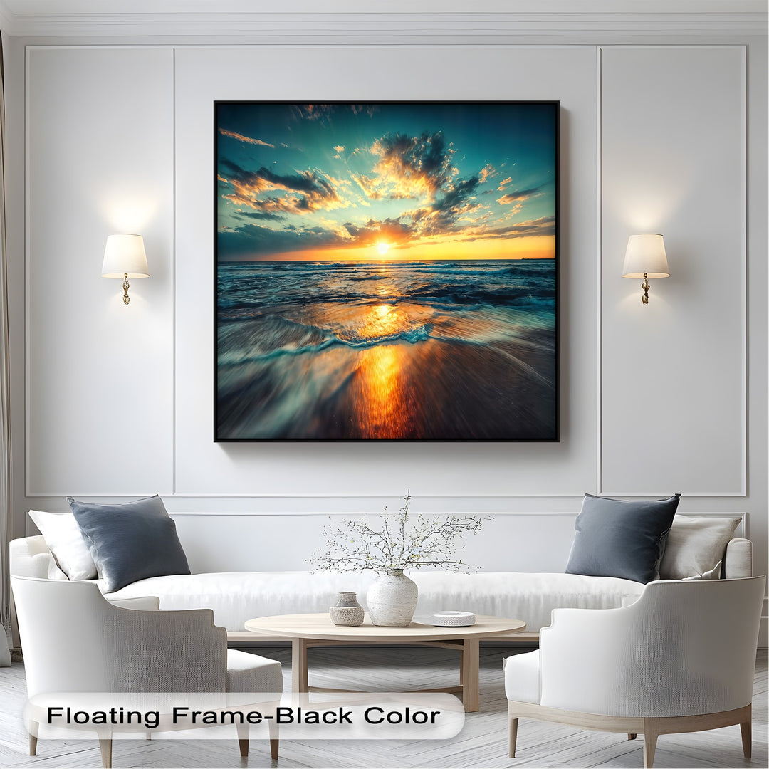 Radiant golden light from the setting sun dramatically illuminates the deep indigo waves and wet sand, casting brilliant gleams in this big canvas prints ocean sunset.