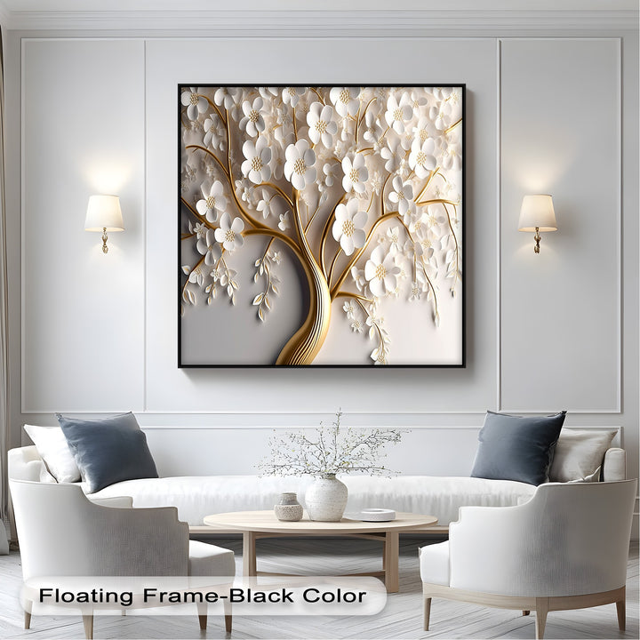The refined finish of this big canvas prints piece showcases intricate white blossom and luxury gold floral wall art with a subtle 3D texture.