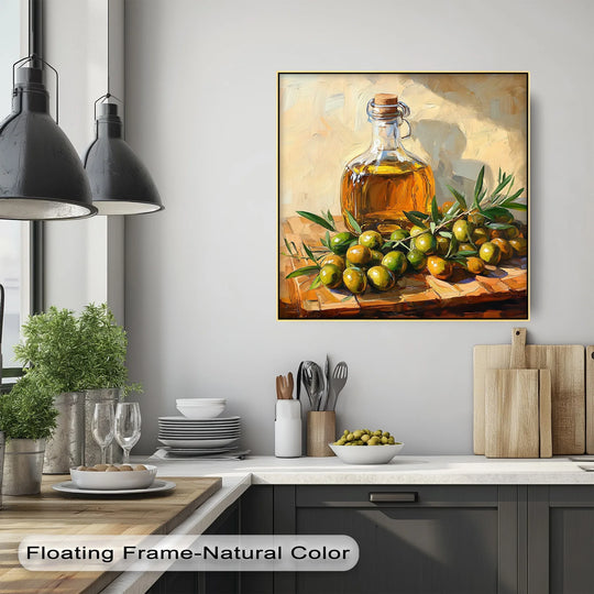 Visual rhythm is achieved in the Golden Harvest – Olive Oil and Branches canvas wall art through the arrangement of olives, leaves, and bottle creating a high quality canvas prints.