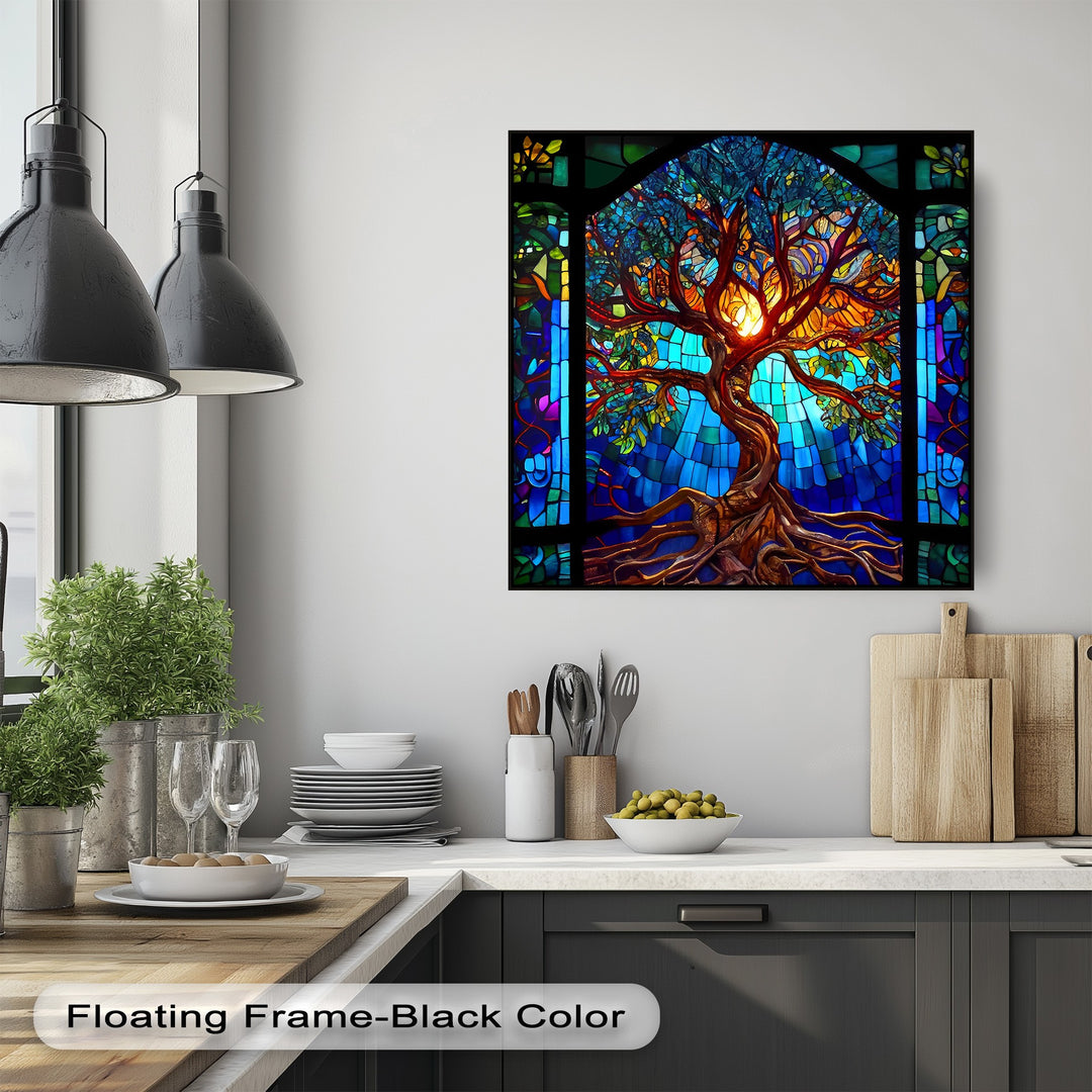 The premium canvas decor showcases the vivid stained glass tree of life print with exceptional color and detail, capturing glowing branches and deep roots.