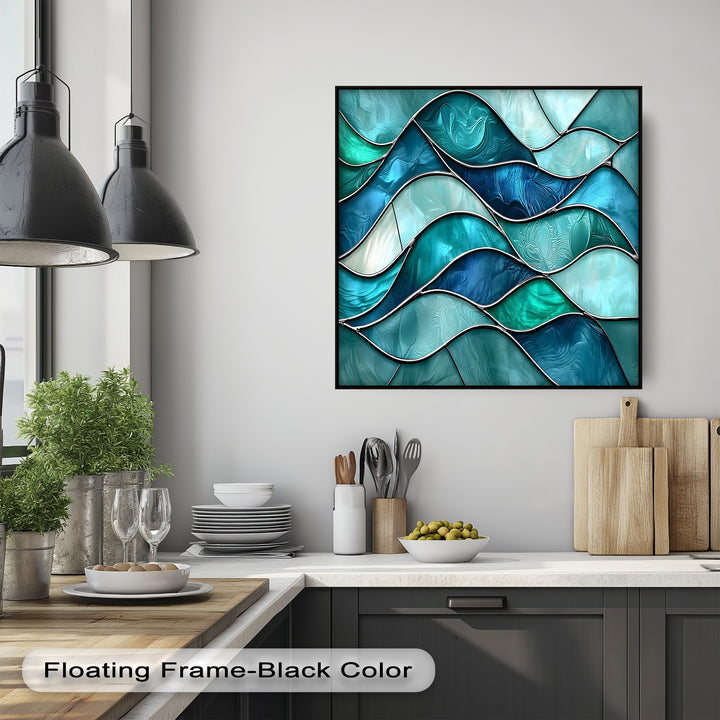 Against the minimalist negative space of the wall, an intricate turquoise wave stained glass canvas art prints stands out.