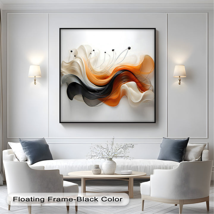 Organic geometric elements of flowing orange, black, and cream ribbons create a mesmerizing abstract canvas artwork within a sleek, dark frame.