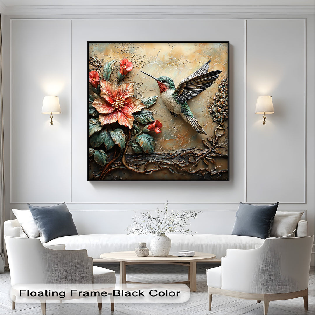 Geometric elements like rectangular wall panels and a circular coffee table highlight the black-framed Hummingbird Floral canvas pictures.