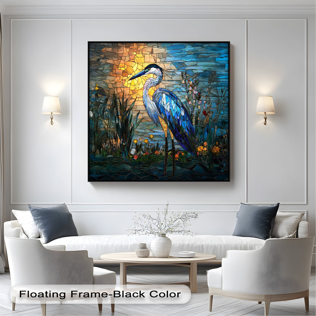 The vibrant transition between radiant sunset oranges and deep water blues in this stained glass heron best canvas print creates a stunning effect.