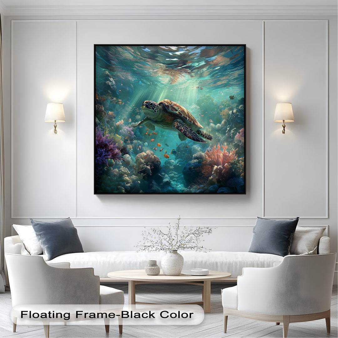 A vertically oriented rectangular best canvas print depicts a majestic sea turtle gliding over a vibrant coral reef in turquoise ocean water.