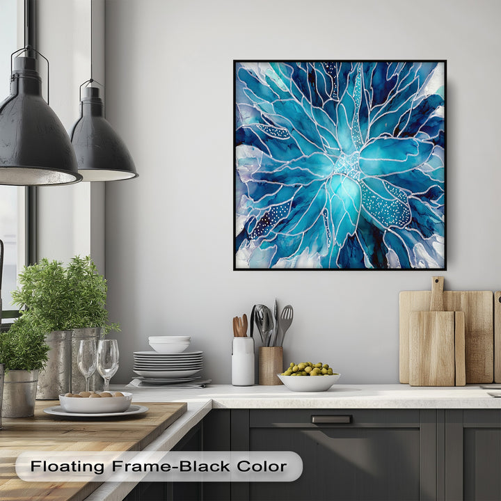 The darkest navy and deep teal hues form striking petals on this unique canvas print, an abstract floral wall art piece framed in black.