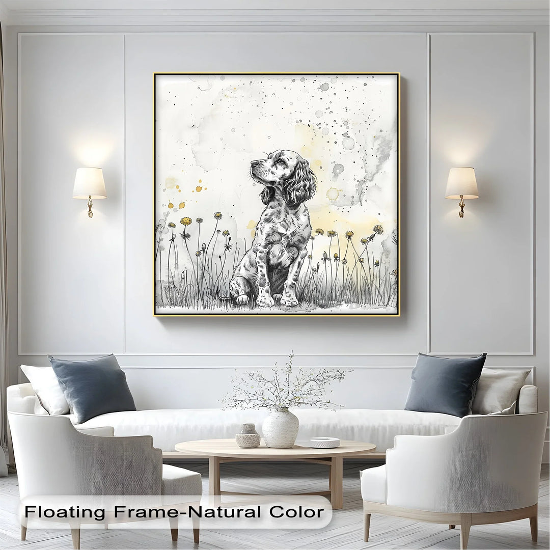 Gentle Wonder – Ink Sketch Puppy in Dandelion Meadow Canvas Print - MyPhotoStation