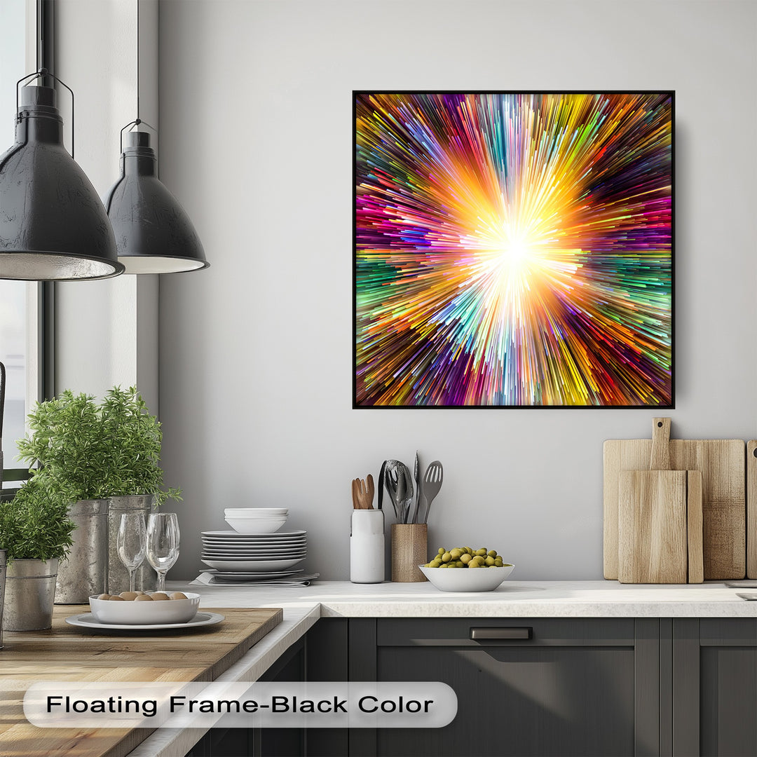 A brilliant, high color temperature light burst canvas wall art with radiating warm hues transitioning to cooler, vibrant streaks of color.