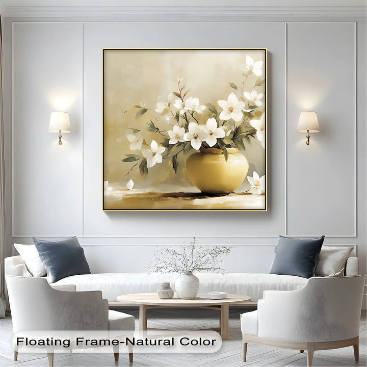 Harmony in Bloom – White Flowers in Golden Vase Canvas Art - MyPhotoStation