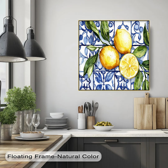 Flowing leaves and lemons create a vibrant sense of movement across this Mediterranean Lemons & Blue Tile Art canvas wall art, bringing zest to the kitchen.