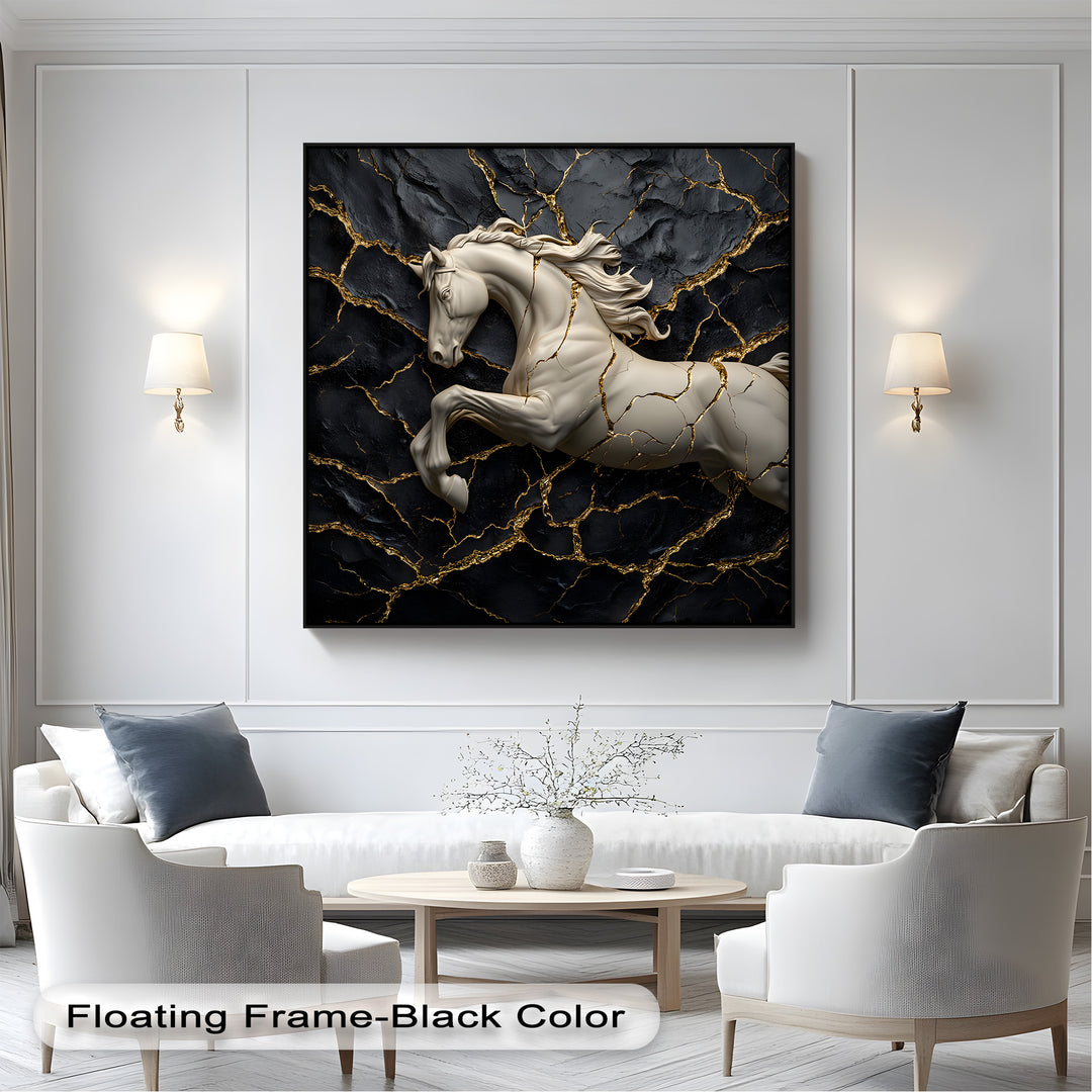 A striking vertically oriented rectangular premium canvas decor featuring a sculptural white horse against a black background with elegant gold crack veining.