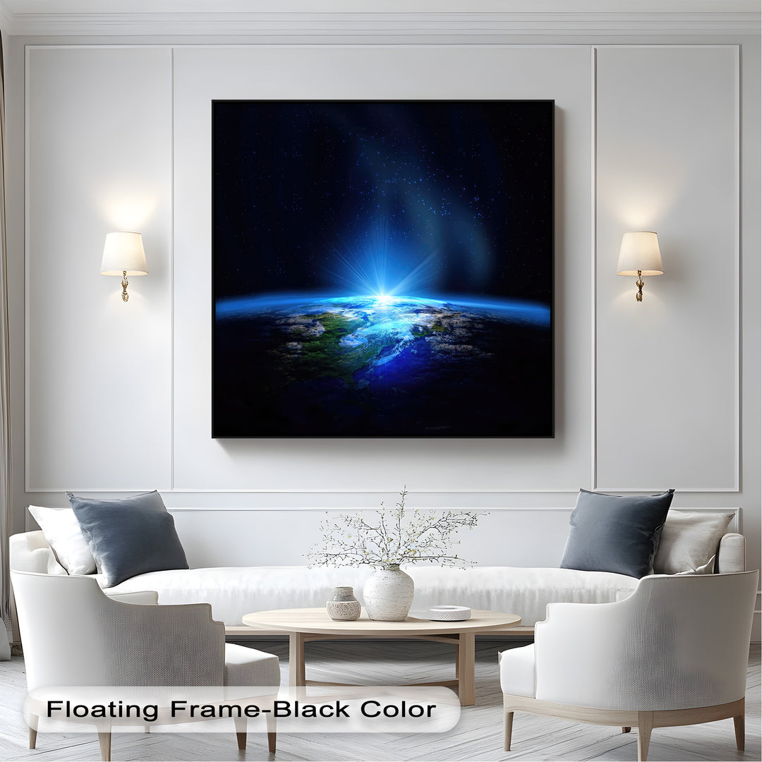 The crisp edges of the black floating frame enhance the vibrant Earth From Space canvas wall art, showcasing a cosmic blue planet.