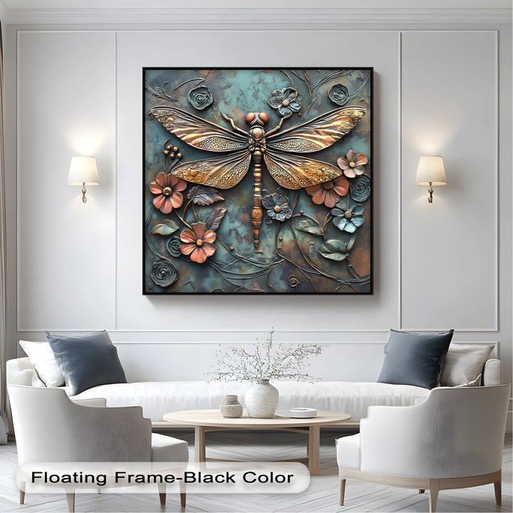 A captivating teal-hued framed canvas showcases a magnificent 3D-style bronze dragonfly amidst an array of sculpted floral nature wall art.