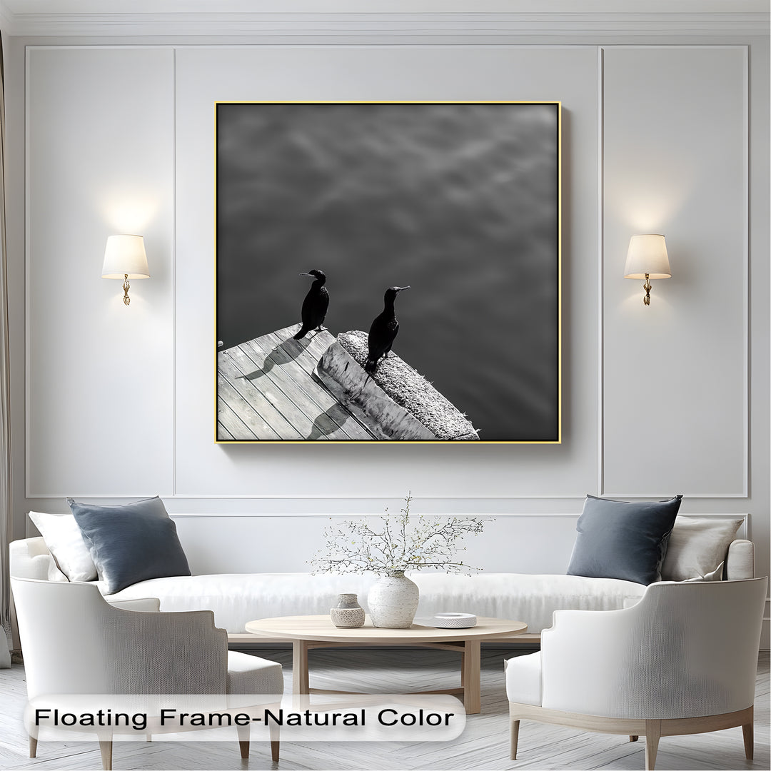 Birds on Pier – modern black and white nature wall decor.

