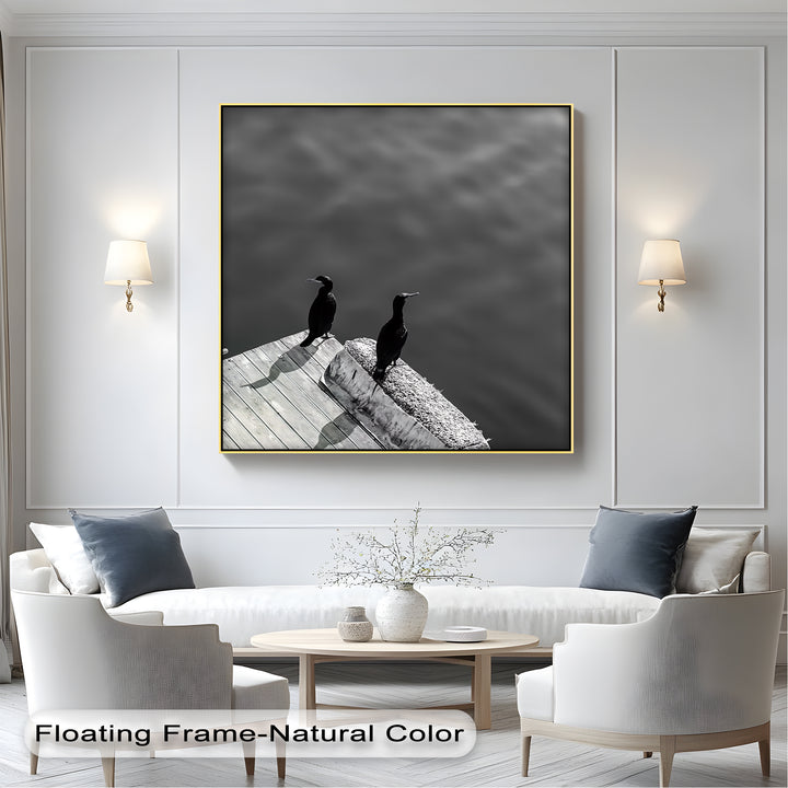Birds on Pier – modern black and white nature wall decor.

