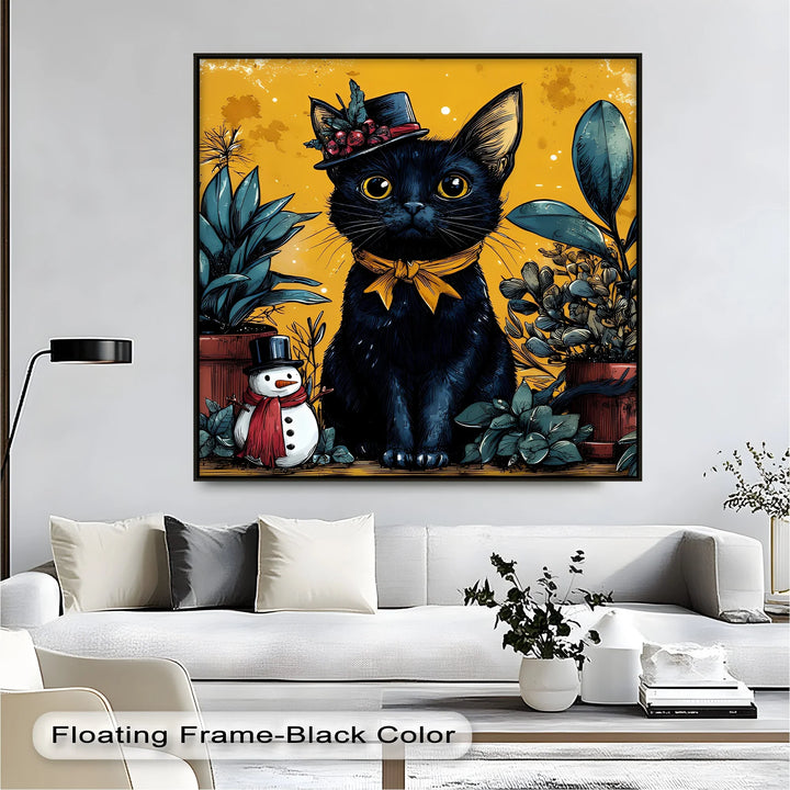 Black Cat with Holiday Hat and Yellow Ribbon - Cat Canvas Print - MyPhotoStation