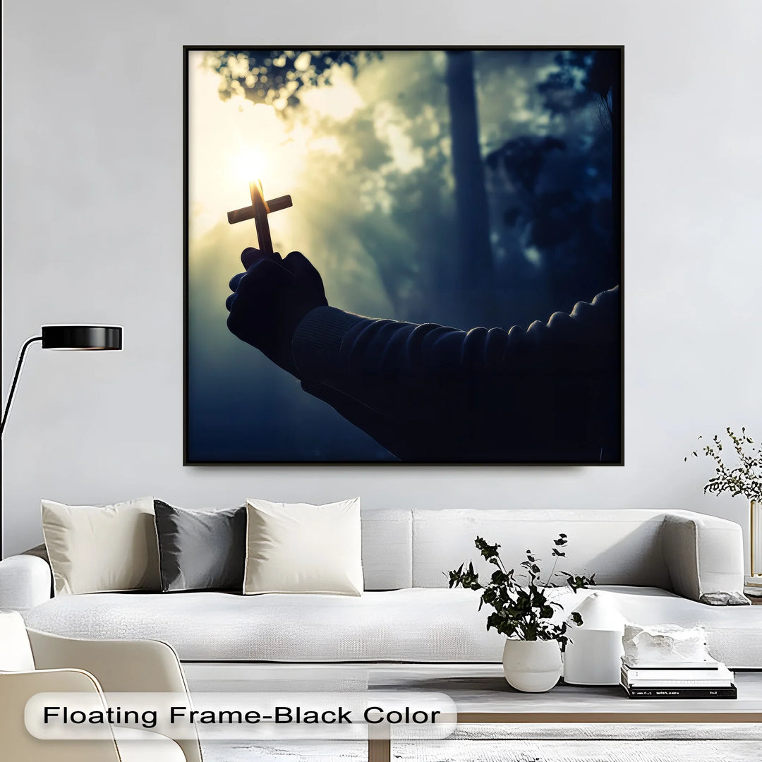 Faith in the Light – Hand Holding Cross in Sunrise Canvas Print