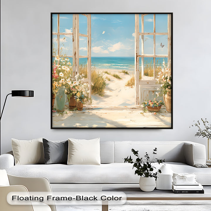 Seaside Serenity – Open Window to Coastal Bloom Canvas Print