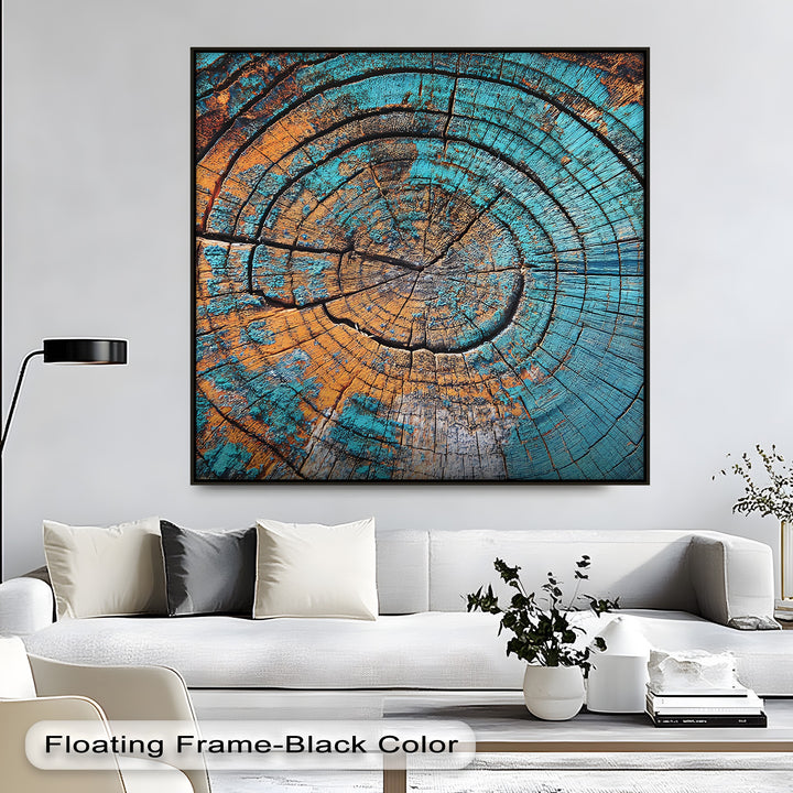 Featuring the organic forms of turquoise tree rings, the abstract wood pattern in this canvas artwork highlights nature's intricate design.