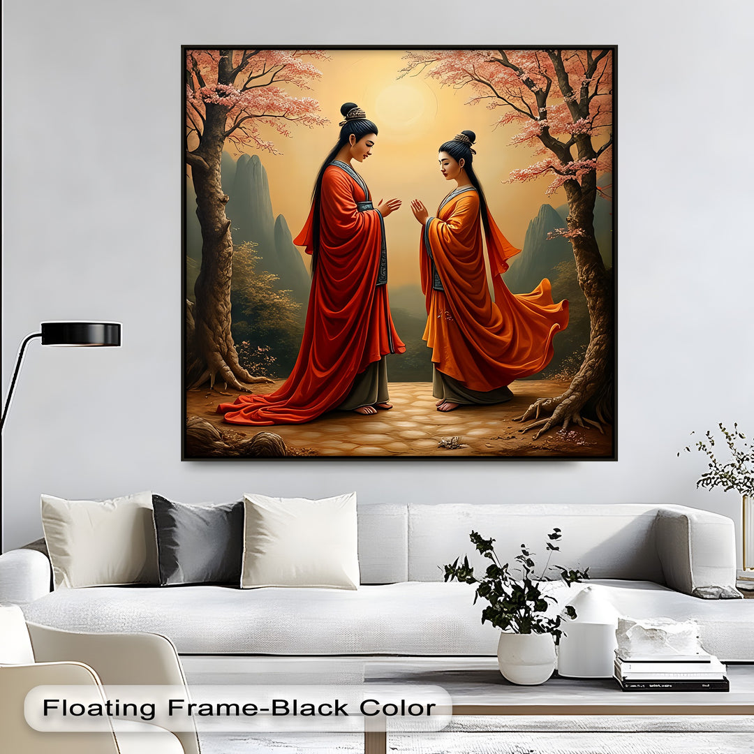 Harmony Under the Blossoms – Oriental Couple Canvas Wall Art | Framed Art