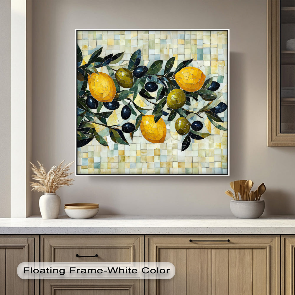 Showcasing superior material quality, this Lemon Olive Mosaic Canvas Print is among the best canvas prints, offering vibrant Mediterranean wall art.