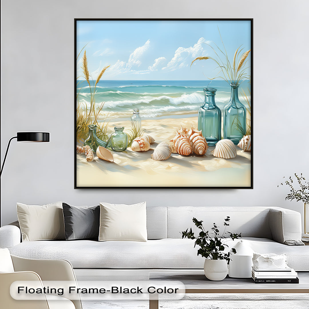 Whispers of the Shore – Seashells and Glass Bottles Coastal Canvas Print