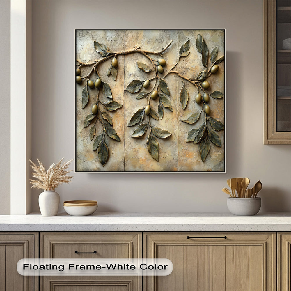 The deeply textured, relief-style finish of this Mediterranean botanical framed canvas showcases olive branches with green olives.