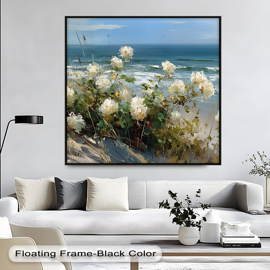 Whispers of the Dunes – White Roses by the Sea Canvas Print
