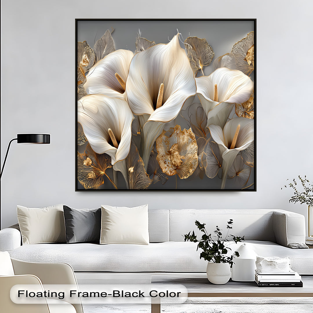 White Calla Lilies with Gold Leaves - Canvas Print