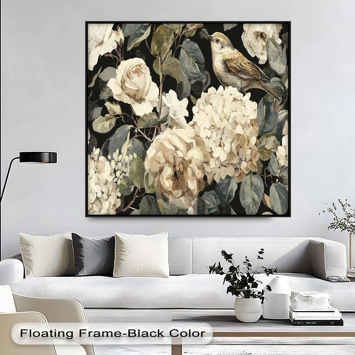 Elegant vintage botanical canvas print with bird resting among hydrangeas

