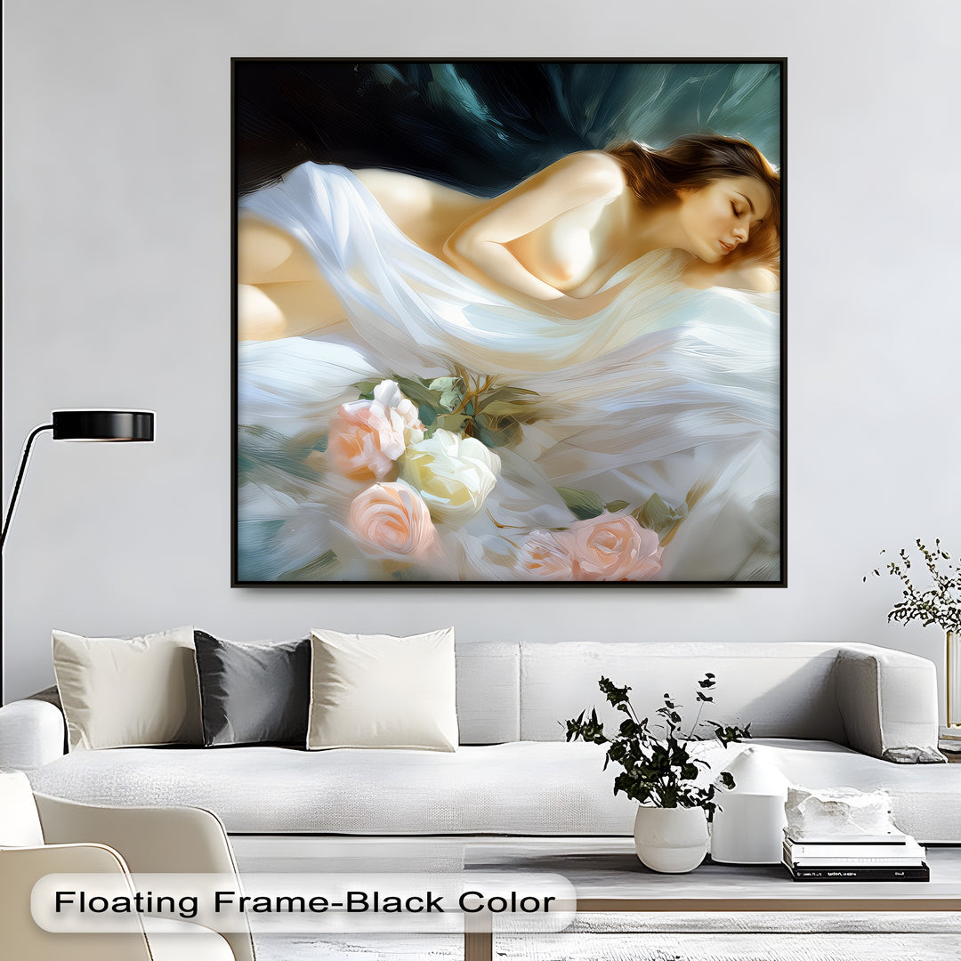 Petal Slumber – Framed Canvas Wall Art | Romantic Nude Canvas Print