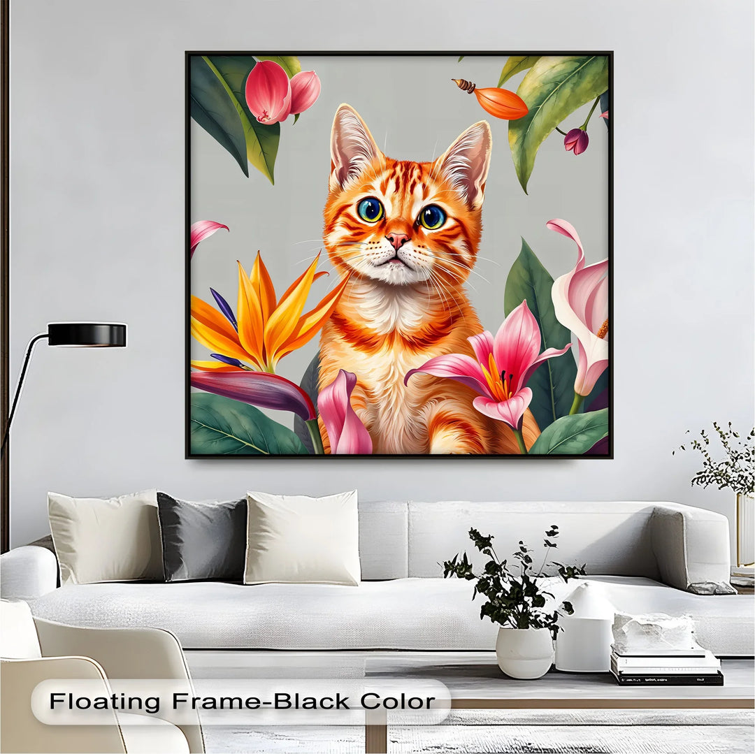 Tropical Curiosity – Orange Tabby Among Exotic Flowers Cat Canvas Print - MyPhotoStation