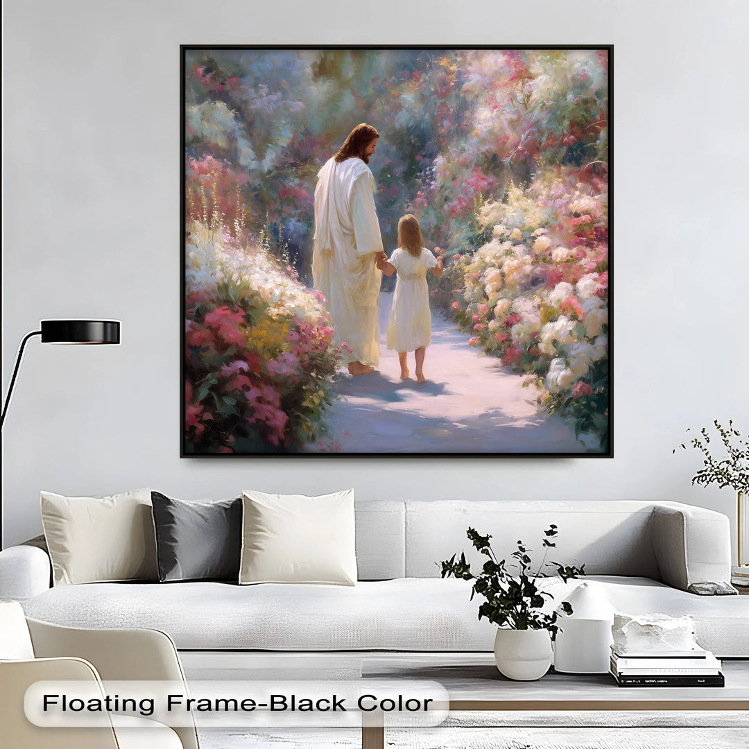 Jesus and little girl canvas art surrounded by soft flowers and heavenly light

